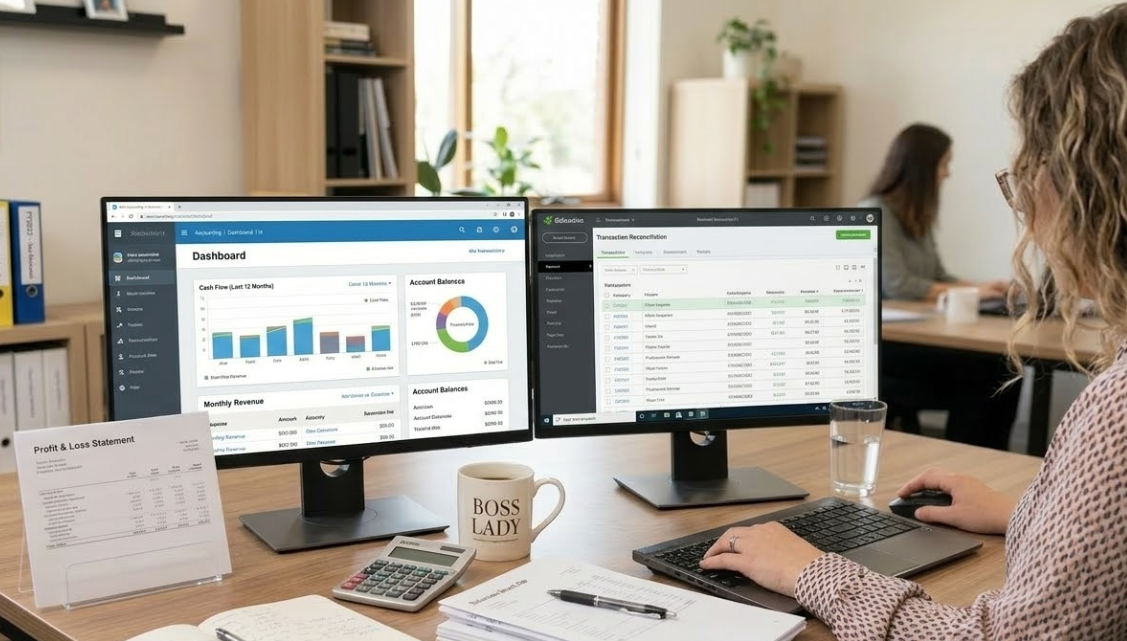 Bookkeeper reviewing financial dashboards and reconciling transactions on dual monitors during monthly bookkeeping work