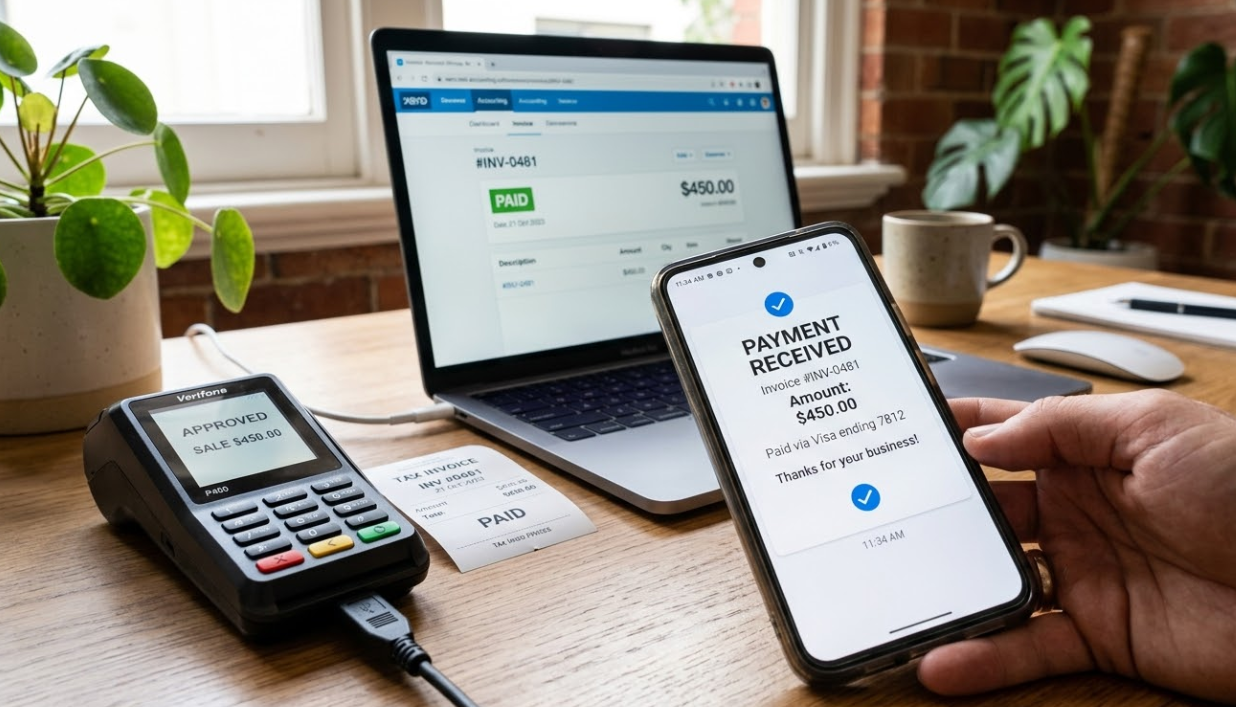 Mobile notification showing payment received for an invoice with laptop accounting software and card payment terminal on desk