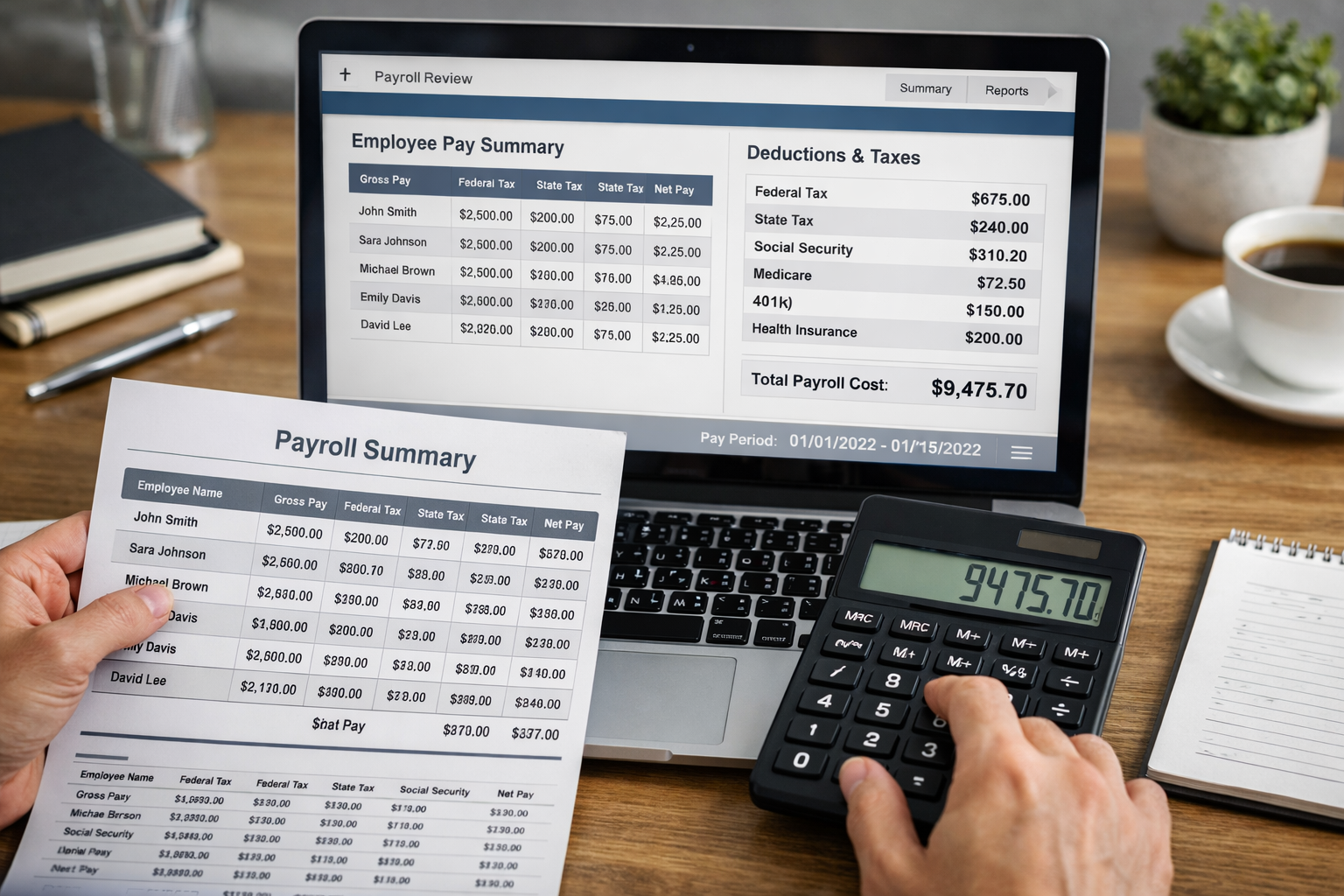 Mobile notification showing payment received for an invoice with laptop accounting software and card payment terminal on desk